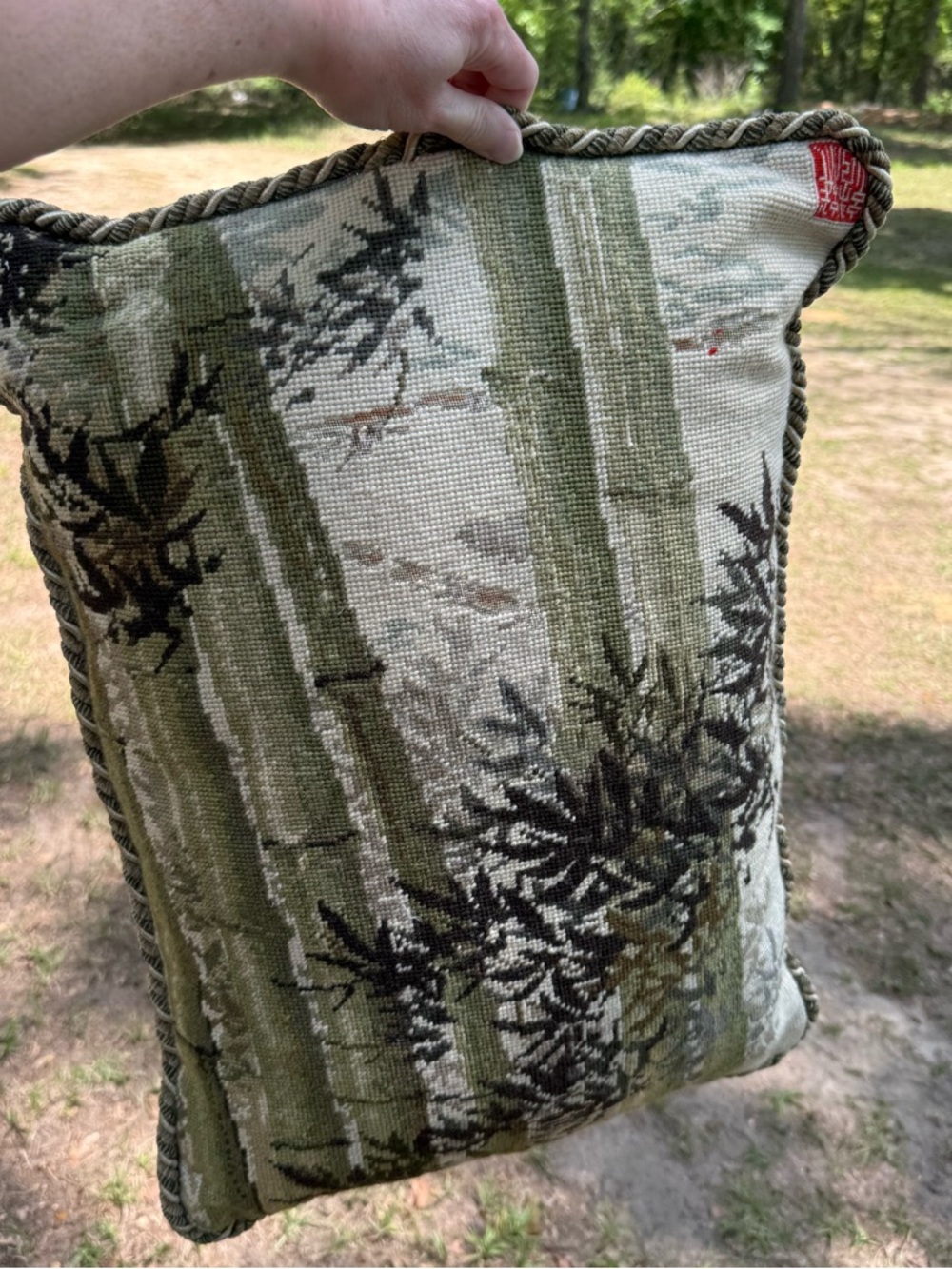 Vintage Needlepoint Bamboo Pillow Green Tapestry Asian Chinoiserie Decor 20”